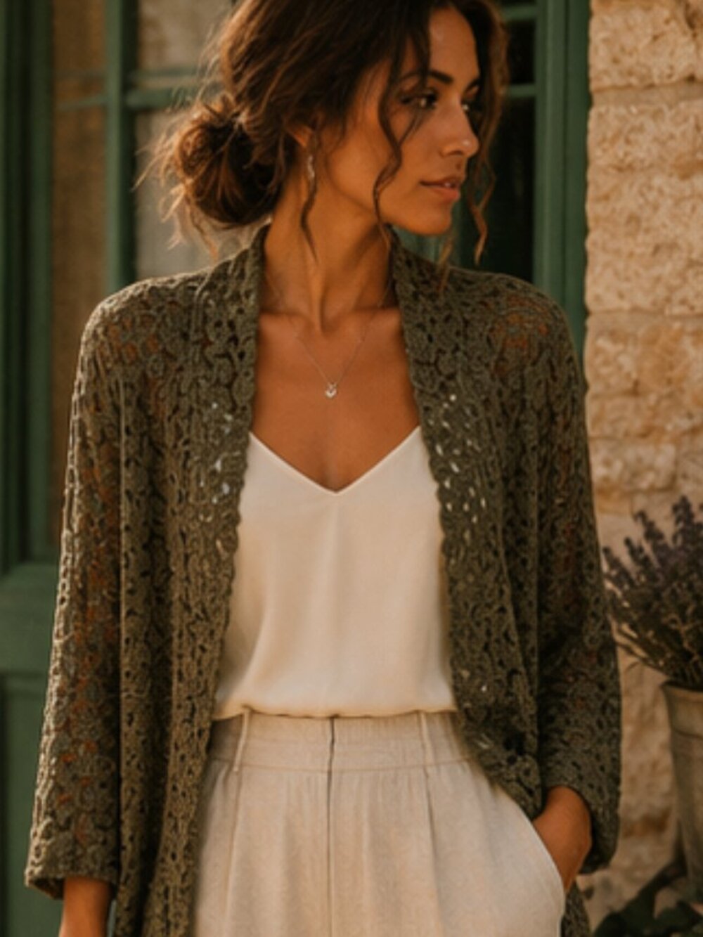 Bohemian Whimsy Moody Crochet Open Cardigan Dark Olive Earthy Academia Grunge S
